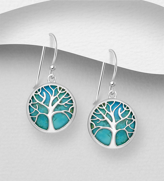 Zilveren oorbellen " Levensboom met zeegroene steen "