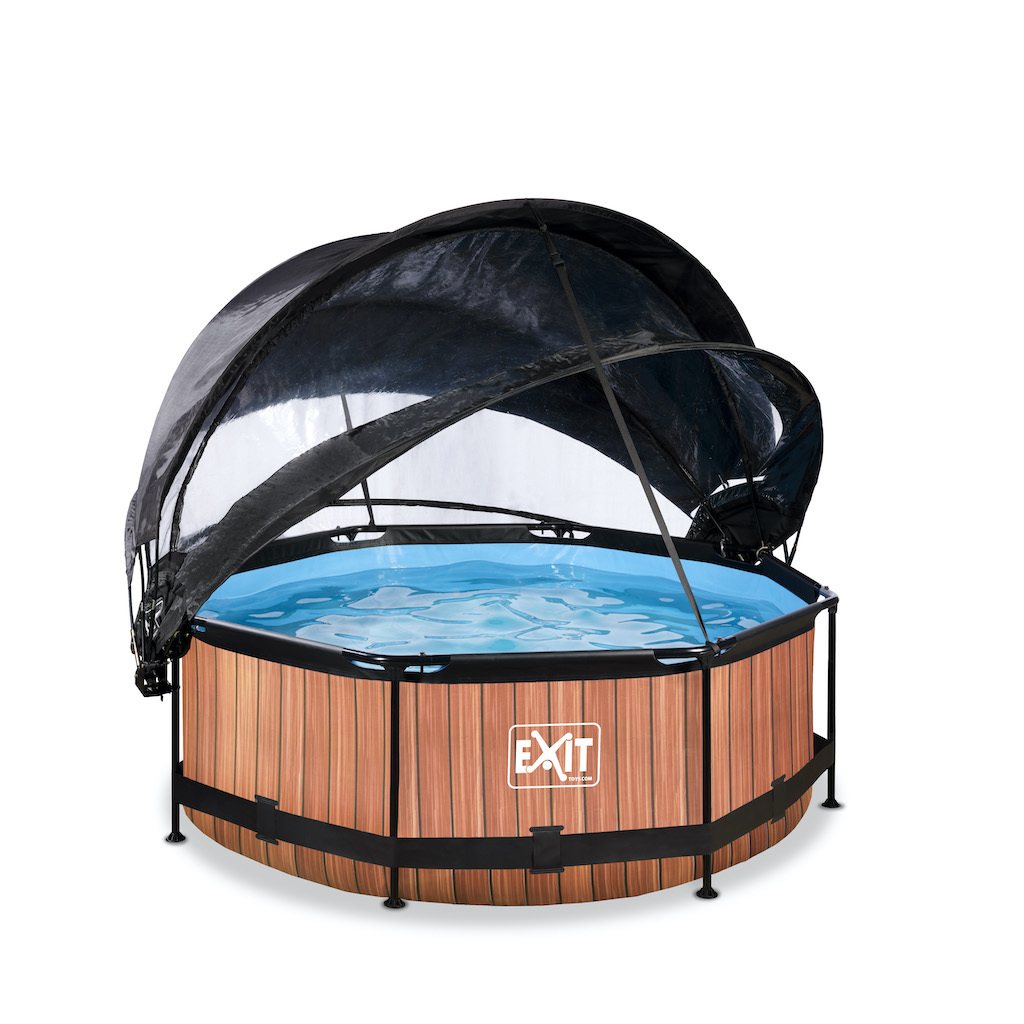 EXIT Wood zwembad diameter 244x76cm met overkapping, schaduwdoek en filterpomp - bruin