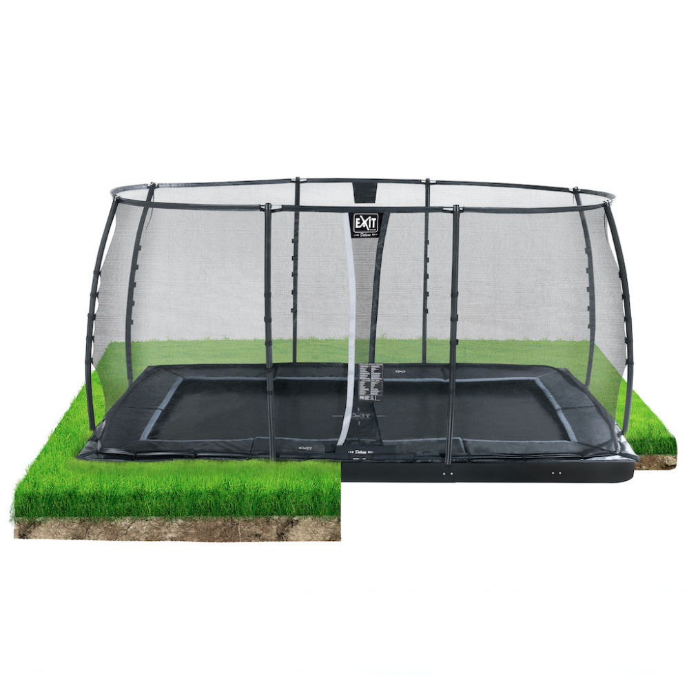 EXIT Dynamic groundlevel trampoline 244x427cm met veiligheidsnet- zwart