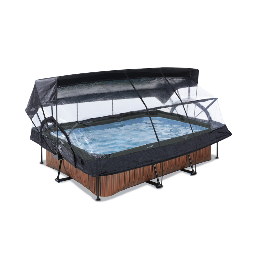 EXIT Wood zwembad 220x150x65cm met overkapping, schaduwdoek en filterpomp - bruin