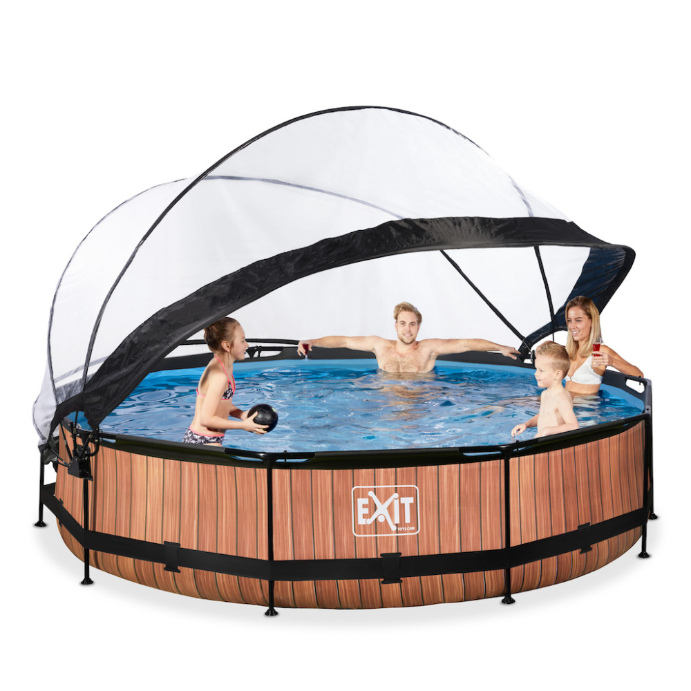 EXIT Wood zwembad diameter 360x76cm met overkapping en filterpomp - bruin