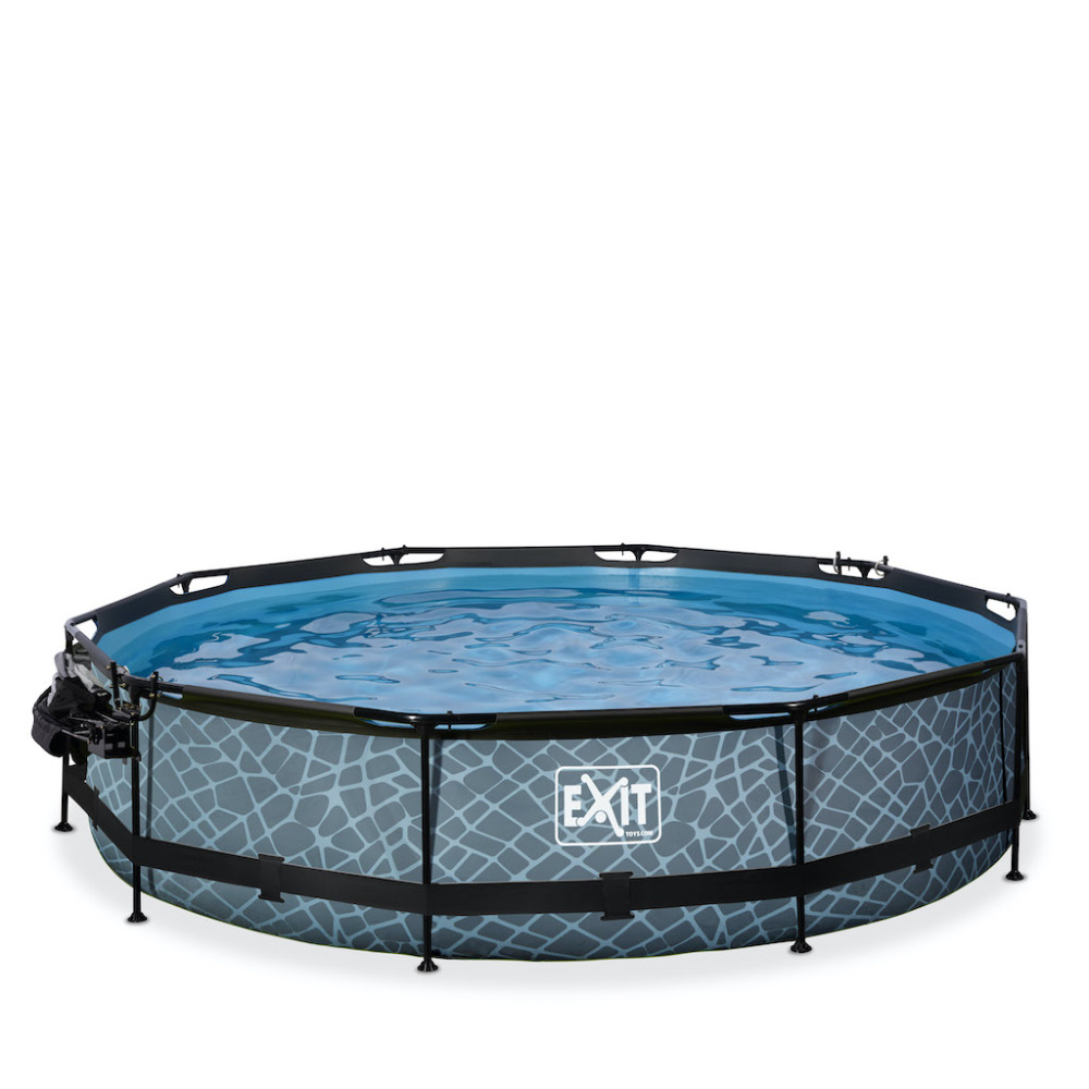 EXIT Stone zwembad diameter 360x76cm met overkapping, schaduwdoek en filterpomp - grijs