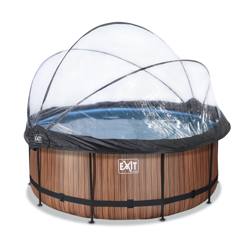 EXIT Wood zwembad diameter 360x122cm met overkapping en zandfilterpomp - bruin