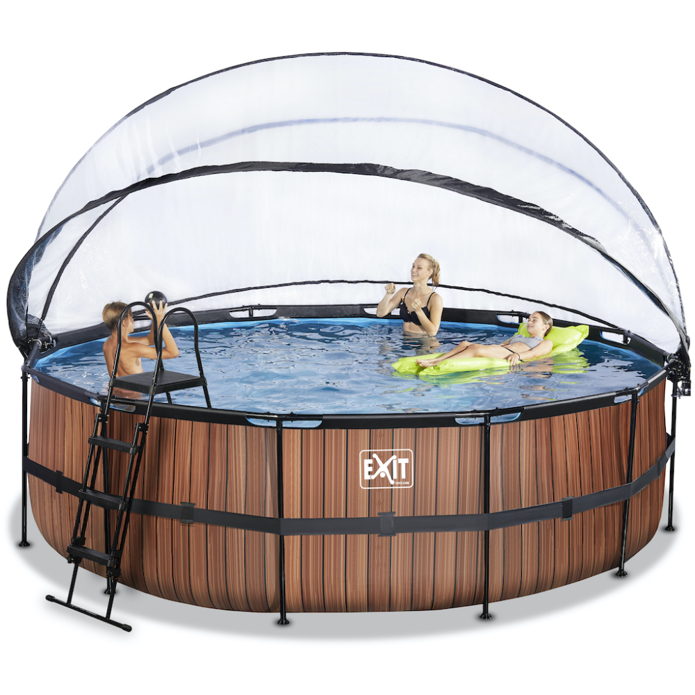 EXIT Wood zwembad diameter 488x122cm met overkapping en zandfilterpomp - bruin