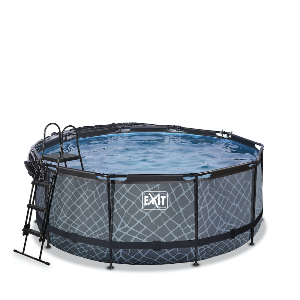 EXIT Stone zwembad diameter 360x122cm met overkapping en zandfilter- en warmtepomp - grijs