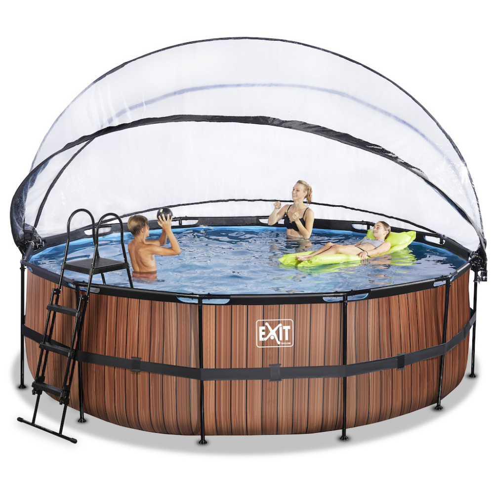 EXIT Wood zwembad diameter 450x122cm met overkapping en zandfilter- en warmtepomp - bruin