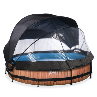 EXIT Wood zwembad diameter 360x76cm met overkapping, schaduwdoek en filterpomp - bruin