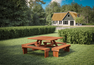 Hardhouten vierkante picknicktafel (210 x 210 cm)