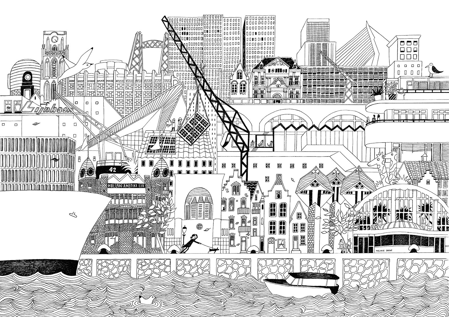 Rotterdam Skyline, handgetekend, illustratie, artprint, hoogwaardige artprint, museumkwaliteit, lijntekening, illustratie, Melanie Drent, Brabantse Volksverhalen, uniek cadeau, Rotterdammer, architectuur